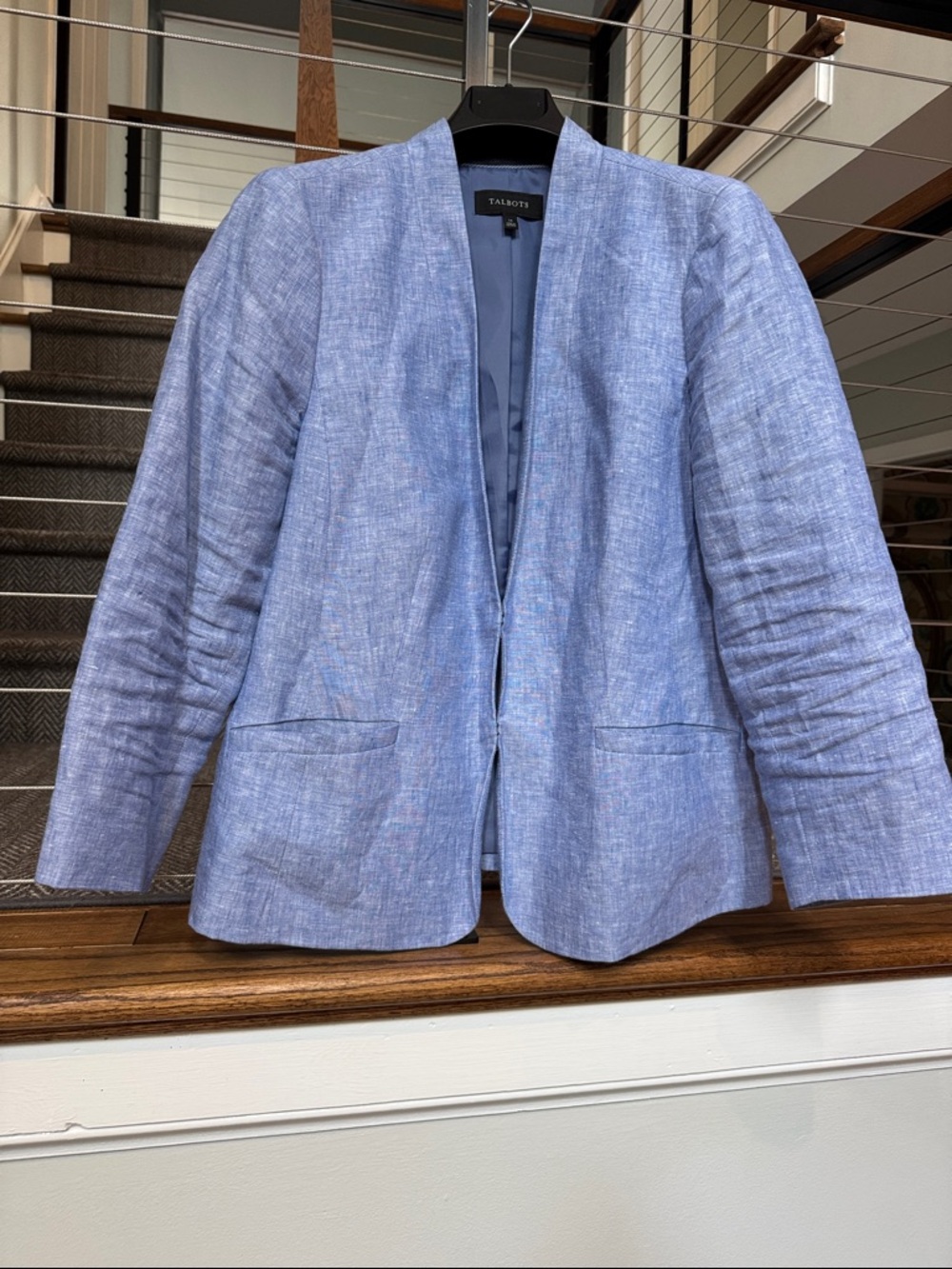 Talbots Light Blue Linen-Blend Open Front Jacket